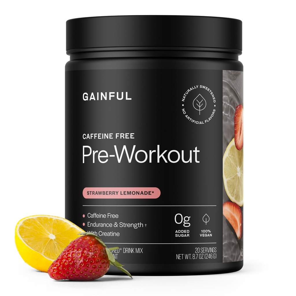 Gainful Caffeine Free Pre Workout Powder z Kreatine, Jagodna limonada Okus, Podpira moč, vzdržljivost, & recovery, BCAA, Beta Alanine, L-citrulin, Brez umetnih sestavin, 20 Servinga