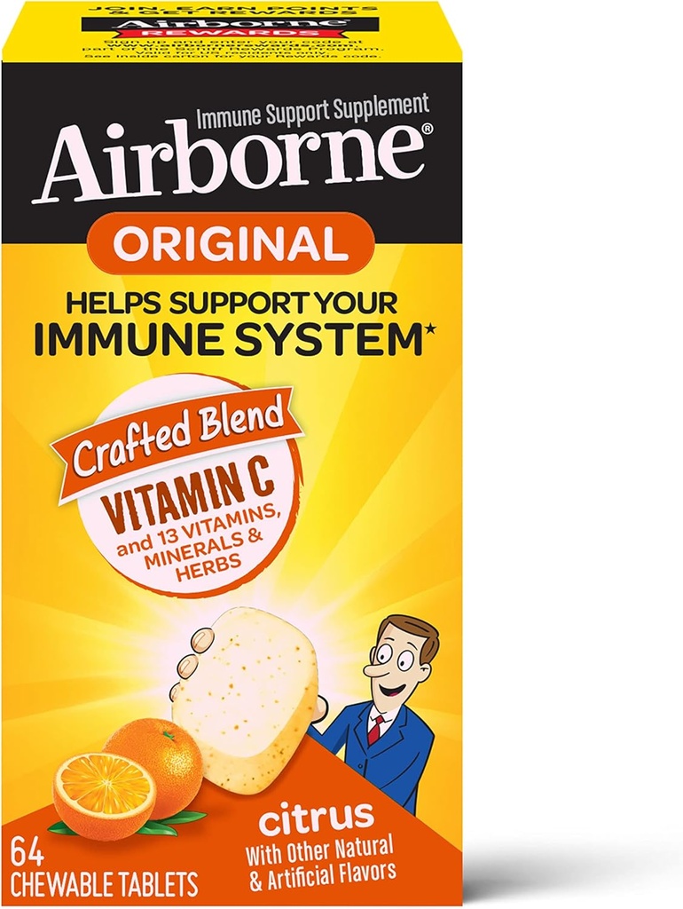 Zračni 1000mg Vitamin C Žvečljive tablete z cinkom, Imunska podpora dodatek z močnimi antioksidanti Vitamini A C & E - 64 Žvečljive tablete, Citrus aroma