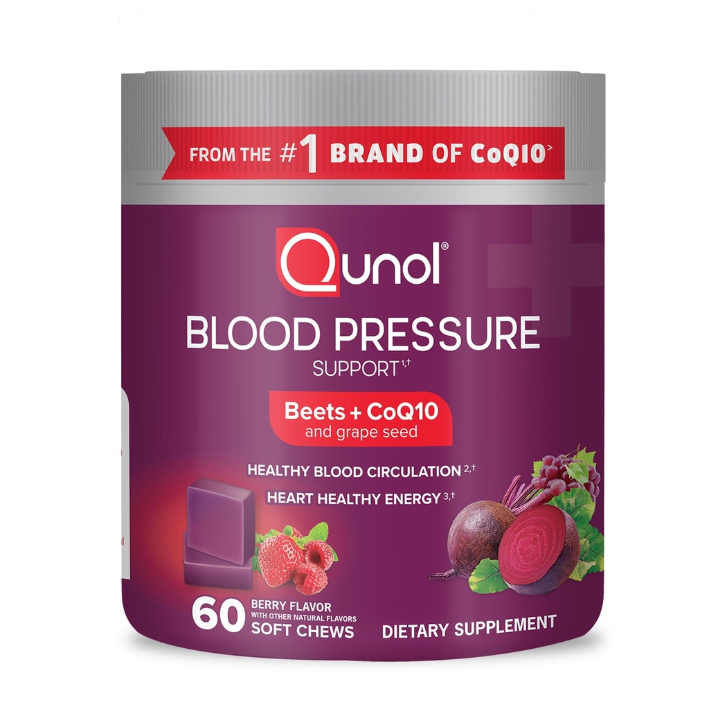Qunol bees žveči za podporo krvnega tlaka, 3 v 1 Beets + CoQ10 + Grozdno seme ekstrakt, podpira zdravo krvni obtok in srce zdravo energijo, 60 Chews
