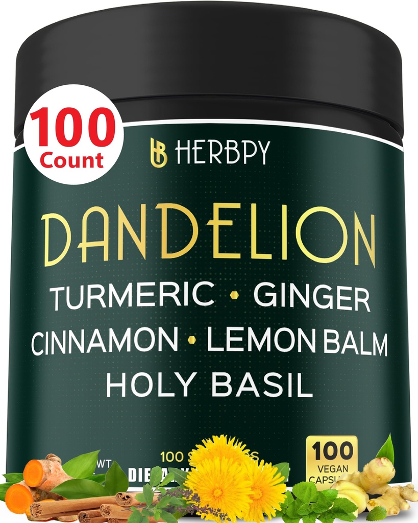 Dandelion Root dodatek 7500mg 6in1 za prebavljanje, zdravje srca in imuno - spojen z ingver, kurkumin, Cinnamon, Lemon Balm & Holy Basil - 100 Dandelion kapsule