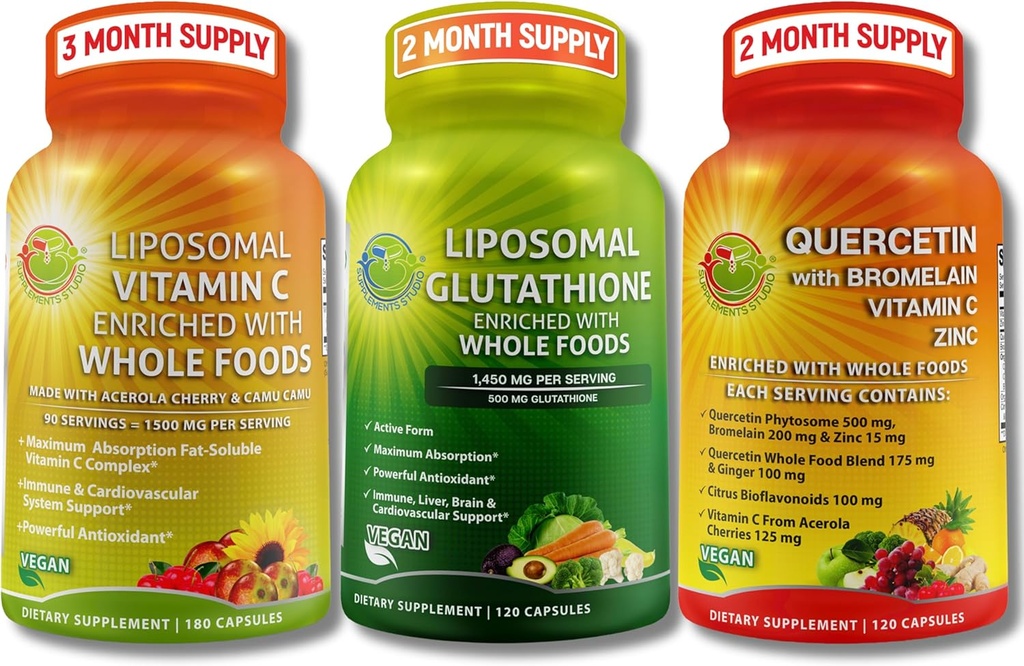 Popoln antioksidant na osnovi rastlin in imunosupresivna podpora – liposomski vitamin C 1500mg + liposomski glutation 500mg + Quercetin z bromelatinom, cinkom in vitaminom C – Veganom, izboljšane absorpcijske formule