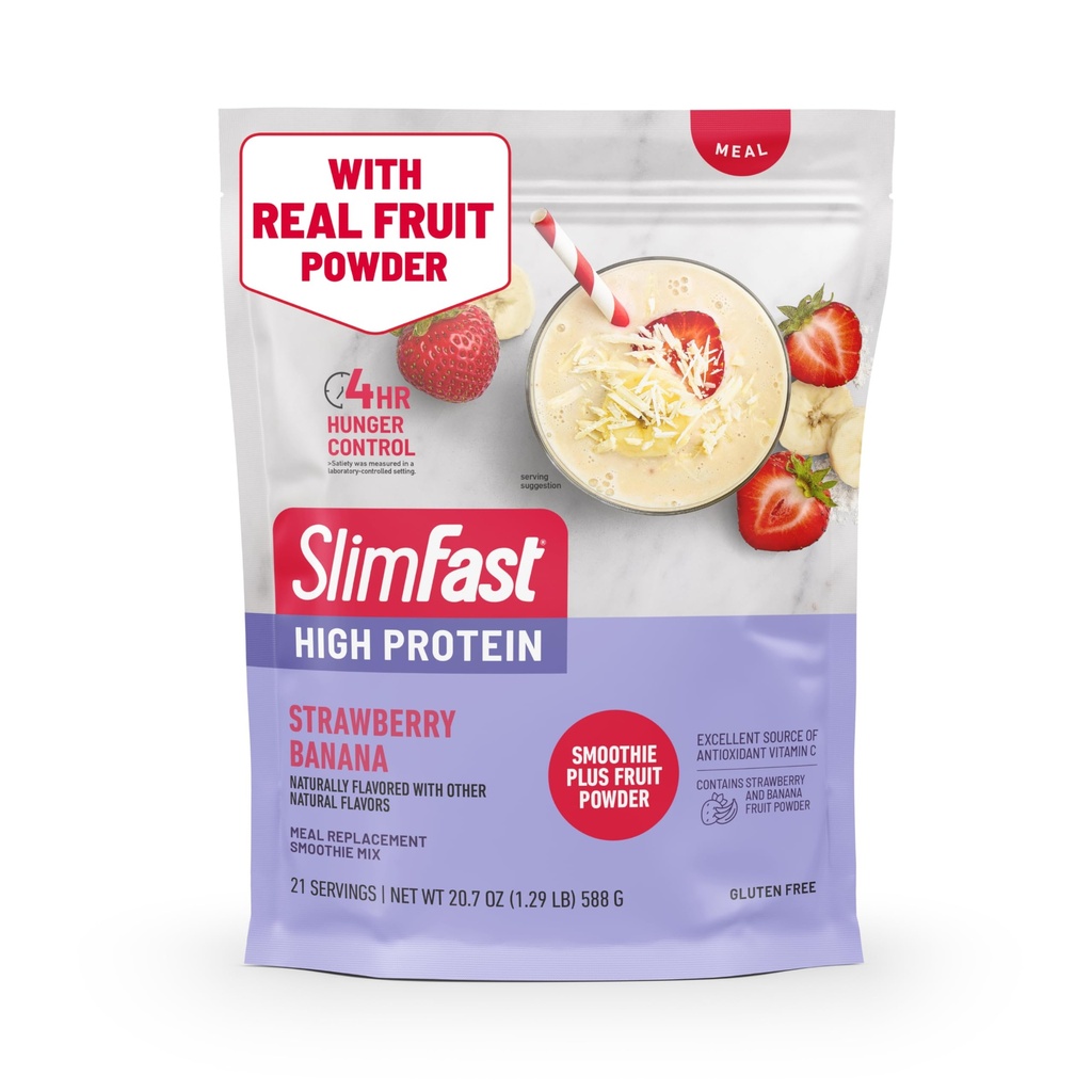 SlimFast High Protein Smoothie Mix Plus Sadni prašek, Visoko Beljakovine obrok nadomestek v prahu, Fiber, Vitamin C, 21 Serving, 1,29 Pounds, Jagodna banana (Packaging May Vary)