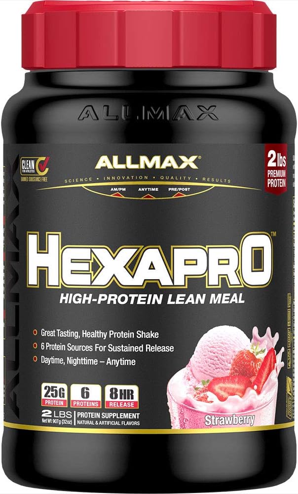 ALLMAX HEXAPRO, Jagoda - 2 lb - 25 Gram beljakovin na strežbo - 8-urna release - nič sladkorja - 21 Servisi