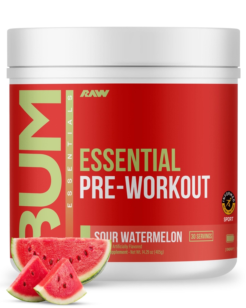 RAW Essential Pre-World Powder (Sour Watermelon) - Chris Bumstead Sports Nutrition dodatek za moške in ženske - Preworkout Energy Powder s kofeinom, L-citrulin, L-tirozin, in Beta Alanine Mešanica