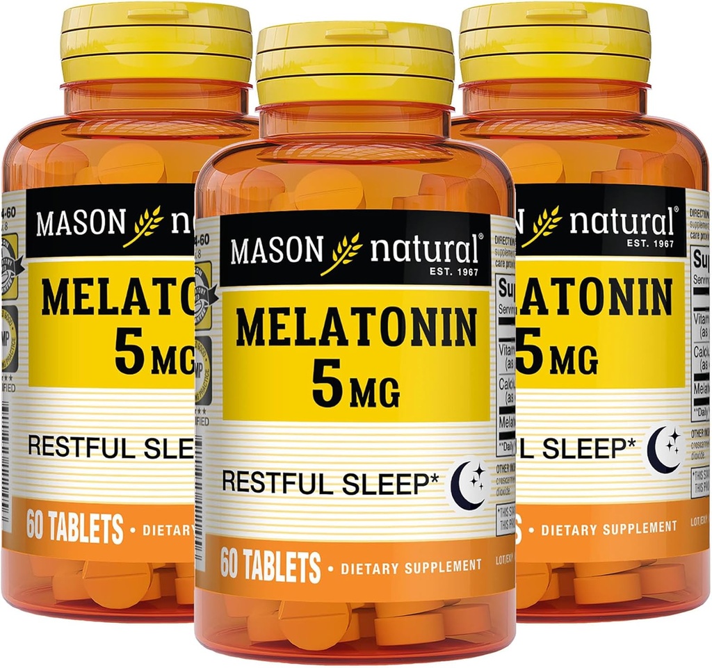 MASON NATURAL melatonin 5 mg z B6 in kalcij - naravni pomoč za spanje, podpira zdravo spanje in počitek, 60 tablet (paket 3)