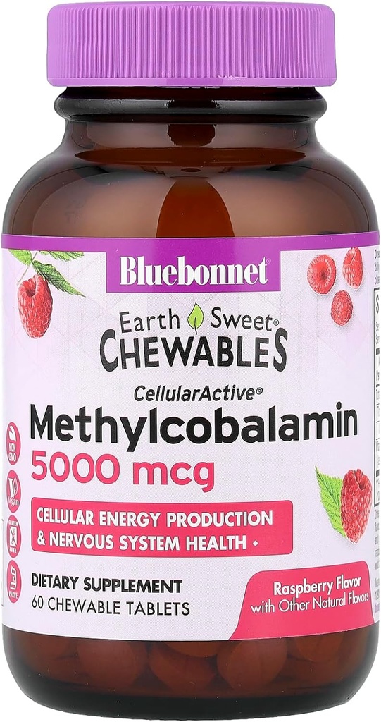 BlueBonnet Nutrition Earth Sweet® Žvečilni izdelki, CellularActive® Metilkobalamin, Raspberry, 5000 μg, 60 Žvečljive tablete