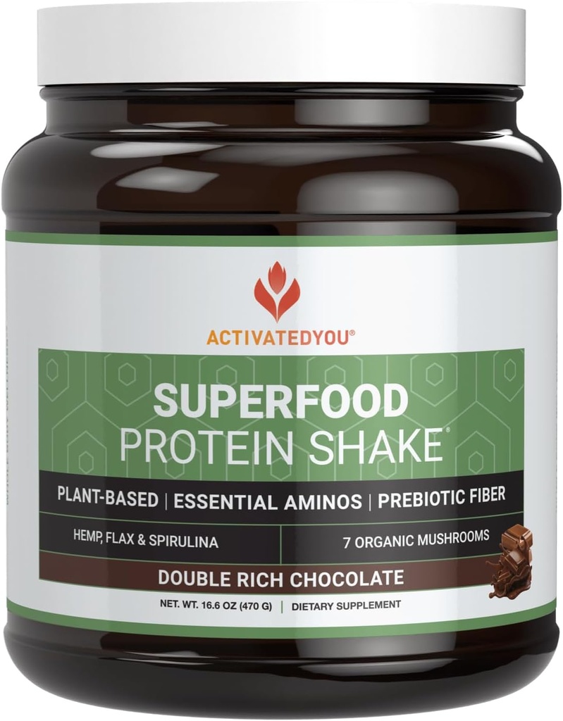 ACTIVATEDYOU Superhranski beljakovinski shake - veganski rastlinski proteini v prahu - z organsko 7 mešanico gob, Spirulina in GoldRella Chlorella - spodbuja mišično integriteto, čokoladno aromo (15 servingov)