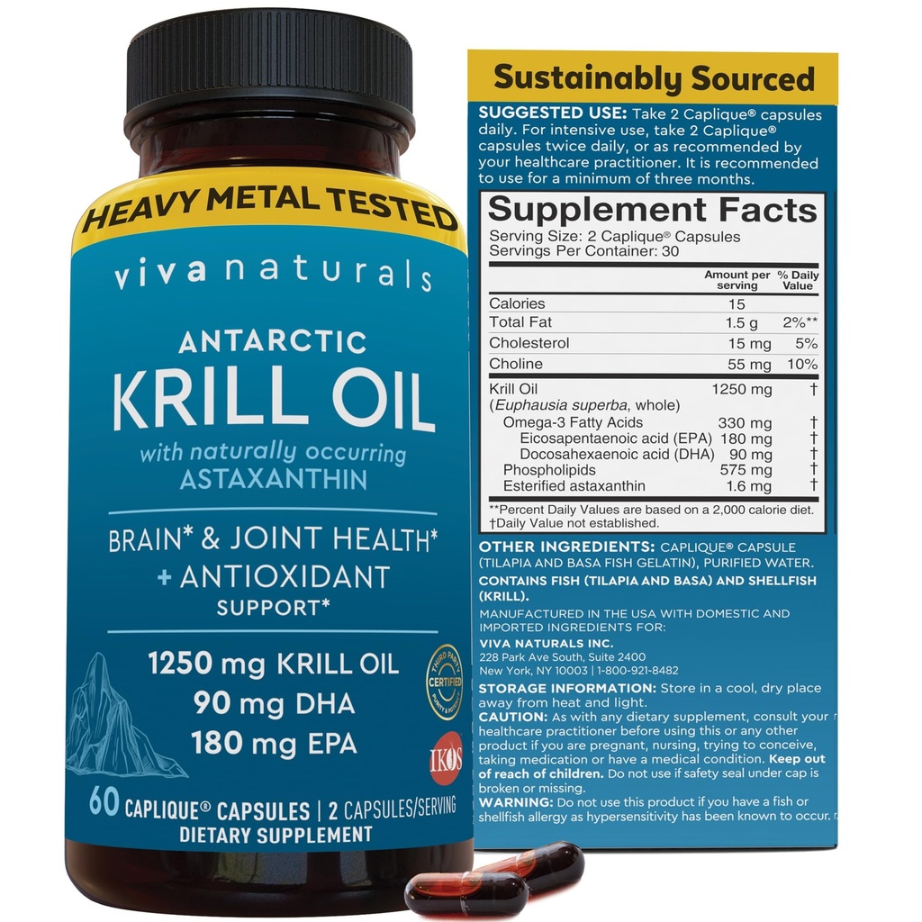 Viva Naturals Antarktika Krill Oil Omega 3 Dopolnila 1250 mg - DHA EPA Omega-3 & Astaksantin Koncentracija za skupno zdravje, brez ribjega burpa - 60 Kapsule Kril Oil