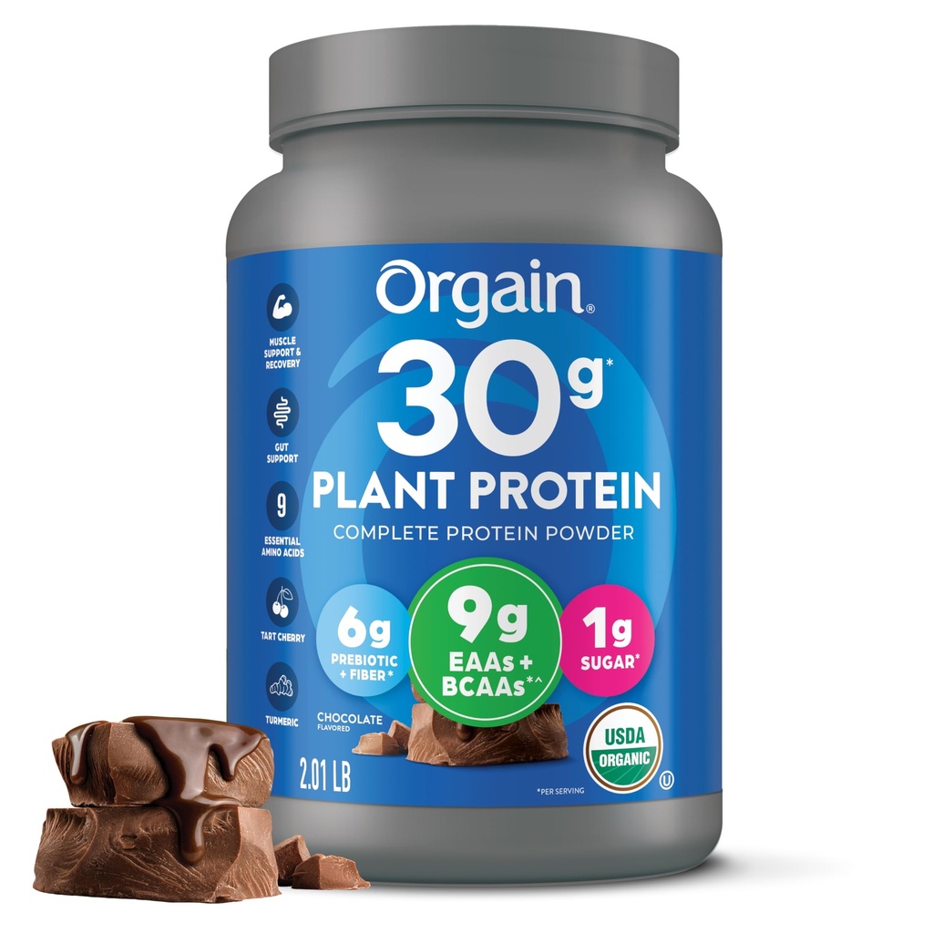 Orgain Organic 30g Vegan Protein Powder, Čokolada 9g EAAs + BCAA, Rastlinski proteini, 6g Prebiotik + Fiber, 1g sladkor, Predworkout, Mišična podpora + regeneracija - 2.01lb (Packaging May Vary)