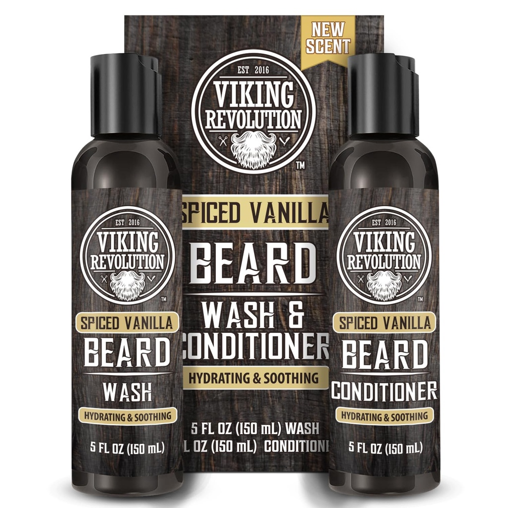 Viking Revolution Beard Wash and Beard conditioner za moške z arganovim oljem in jojoba olje - Beard Mehčalec in okrepčevalnik brad nega brad Šampon in balzam z Brada olje (5oz, Spiced Vanilla)