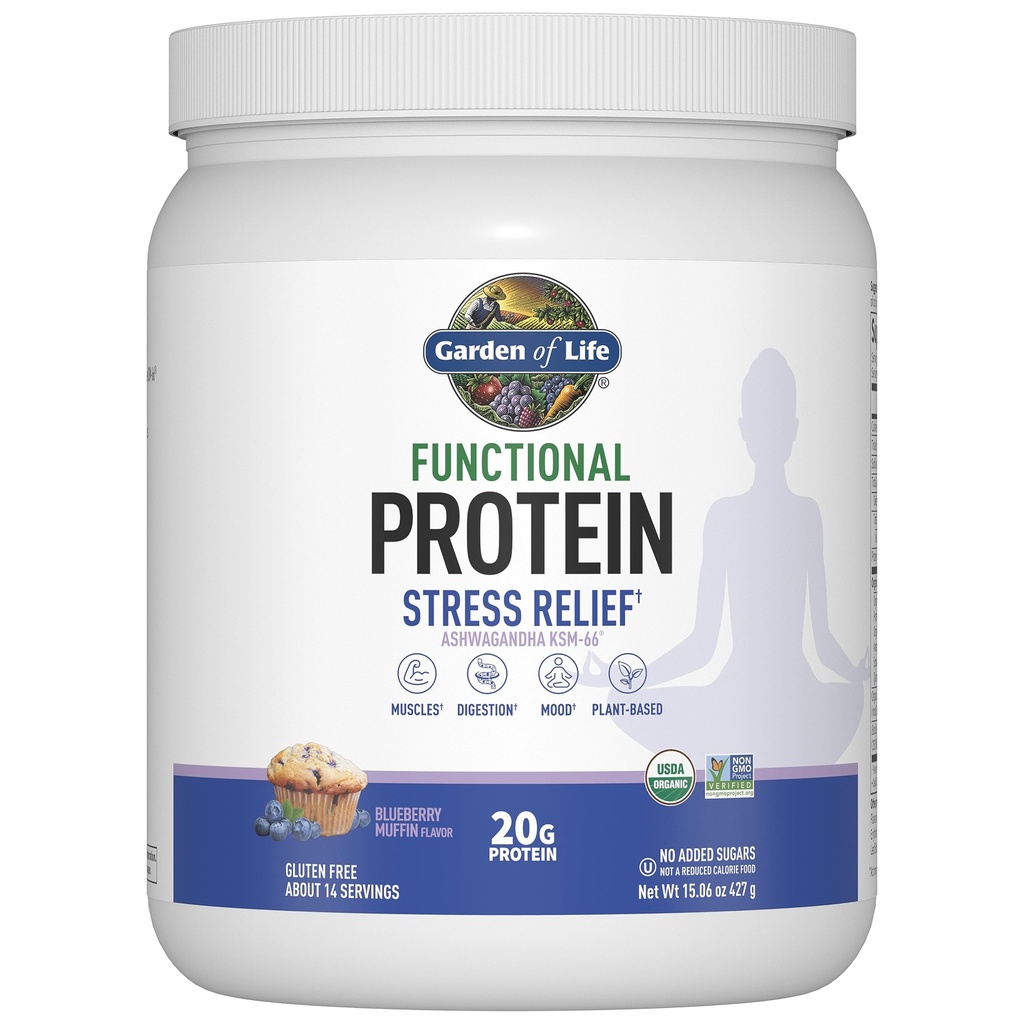 Vrt življenja - Funkcionalni Beljakovine Stres Relief - 20g Organic Sprouted & Fermented Protein Mešanica - Borovnice Muffin, Mood Mešanica za obvladovanje stresa, Ashwagandha KSM-66, Vegan - O 14 Servings
