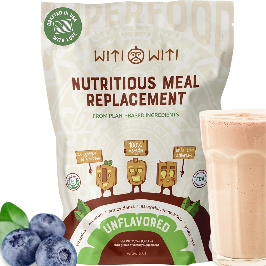 WitiWiti Vegan nadomestek obroka, nearomatiziran - rastlinsko osnovan protein v prahu 23g - Superfood, zeleni, prebiotiki, vitamini in minerali - mlečni in glutenski brez - vse v enem stresa za ženske in moške, 15 Svgs