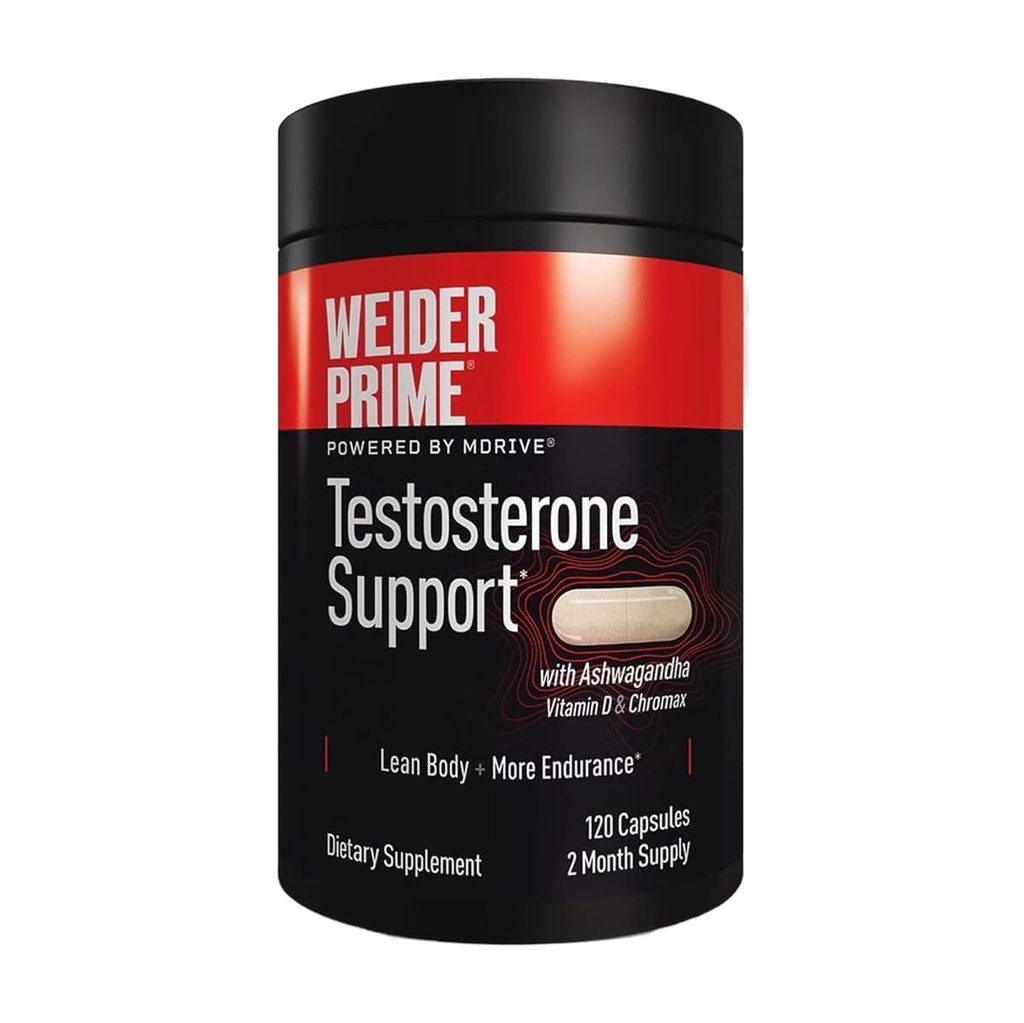 Weider Prime Testosterone Support - Moška prehrana - Obogatena z vitamini in minerali - z Ashwagandha, Chromax Chromium, Bioperine & Cink - Gluten Free - 120 kapsul