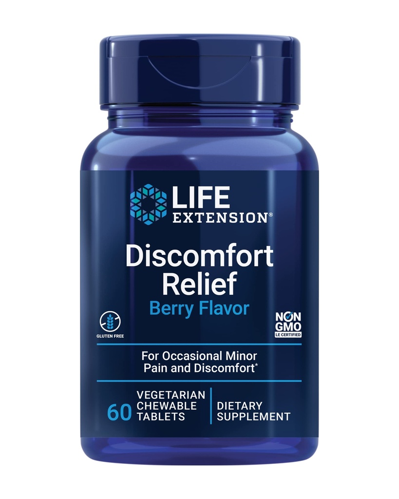 Life Extension Pea Discofort Relief (Berry Flavor) za občasno manjšo bolečino in nelagodje – Palmitoyletanolamid dodatek - Gluten-free, Non-GMO, Vegetarian – 60 žvečljive tablete
