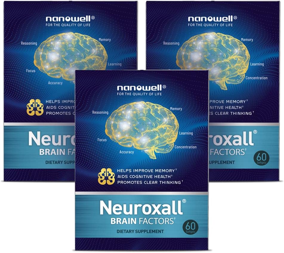 NANOWELL Neuroxall Brain Health Supplement za izboljšano kognitivno funkcijo in mentalno jasnost, Astaksantin, Ginkgo Biloba Extract, Antioksidant - 60 Softgels X 3 škatle za 3 mesece (180 Count)