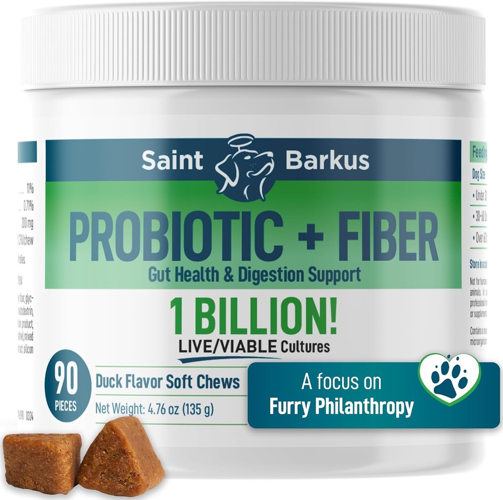 Probiotik + Fiber Rednost & Prebavno zdravje. Probiotične dopolnila za pse za zdravje drobovja, rednost, vznemirjen želodec, plin, kvas. Vrnite se brez ubijanja! Število 90