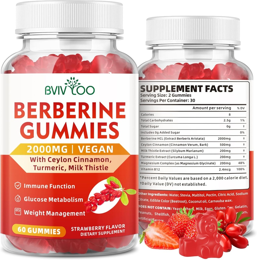 Berberine Gumies,Sugar Free 2000mg Visoka moč Berberine HCI dodatek, Plus Ceylon Cimet, Mlečni osat za ženske in moške, Imunski sistem in presnovna podpora - 60 Gumies