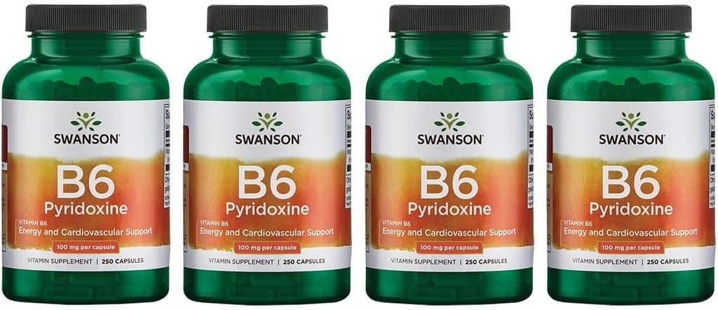 Swanson B6 Pyridoxin - vitaminski dodatek za spodbujanje kardiovaskularnega zdravja in energije Presnova - naravna formula za spodbujanje skupne Wellness - (250 kapsul, 100 mg vsak) (4 pakiranja)