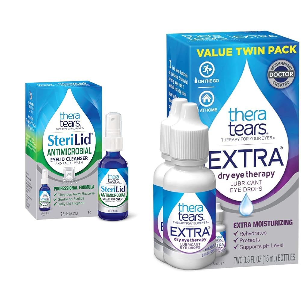 TheraTears Extra Dry Eye Therapy Lubricating oči kapljice za suhe oči, 0.5 fl oz steklenica, 2 Count & SteriLid Eyelid Čistilnik in Face Wash, za razdražene oči, 2 fl oz Spray