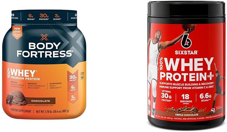 Trdnjava za telo 100% sirotkine beljakovine v prahu čokolada 1,78lbs & Six Star Whey Protein Plus čokoladni sirotkini izolati v prahu 1,8 lbs