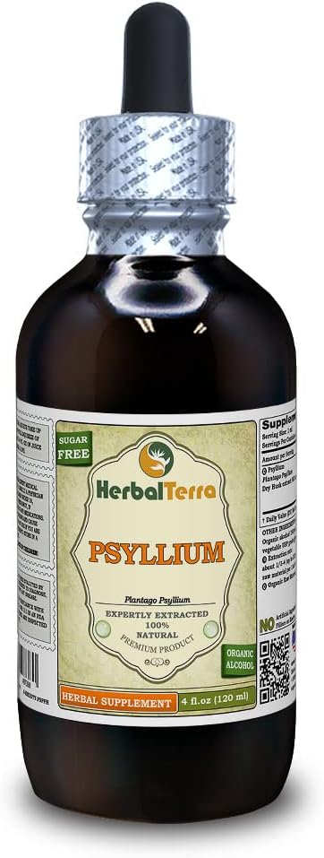 Psyllium (Plantago Ovata) Tinktura, Tekoči ekstrakt organsko sušenega huska (Brand Name: HerbalTerra, Proudly Made in USA) 4 fl.oz (120 ml)