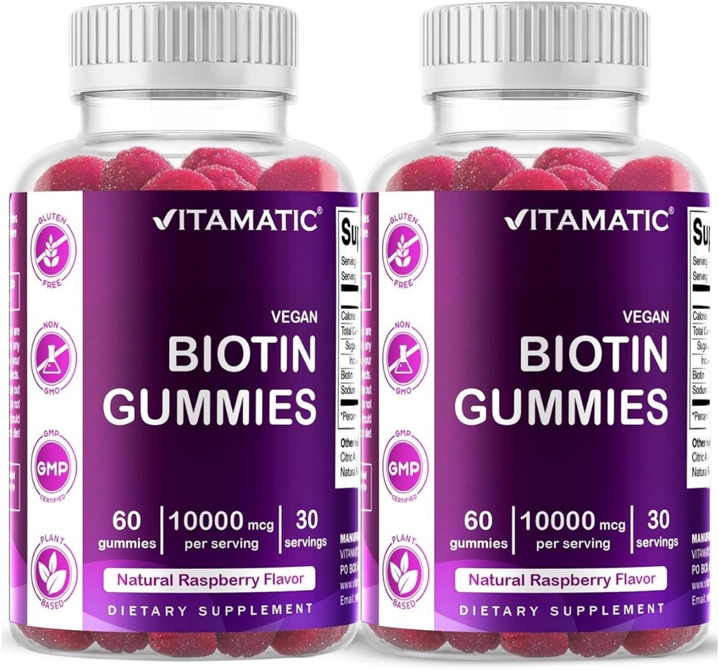 Vitamatski Biotin Gumies 10.000 μg za močnejše lase, kožo in nohte - 60 Veganski Gumiji - imenovan tudi vitamin B7 (2 steklenici)