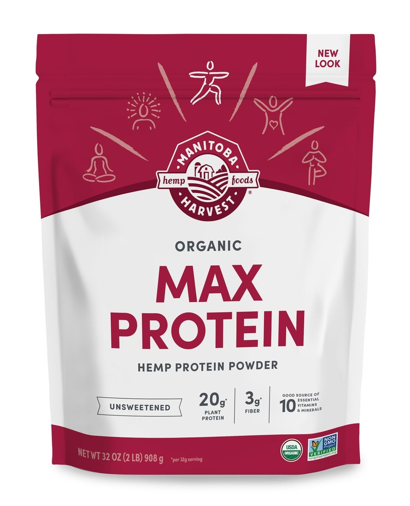 Manitoba Žetev Konoplja Ja Organic Max Protein Powder, Nesladkan, 32oz, z 20g proteini in 4,5g Omegas 3&6 na Serving, Keto-Friely, Konzervative Free, Non-GMO, Pakiranje lahko Vary