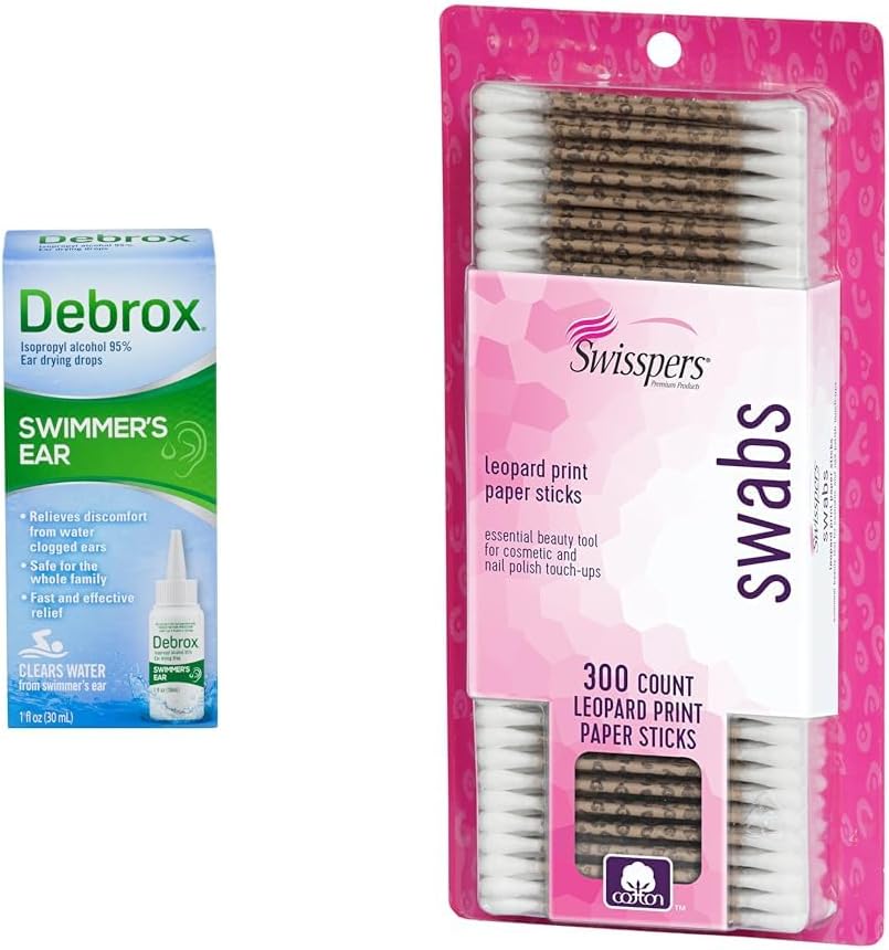 Debrox Swimmerjeve kapljice za ušesa, 1 Fl Oz & Swisspers Premium Cotton Swabs, 300 Štetje za vodo zamašeno uho Relief