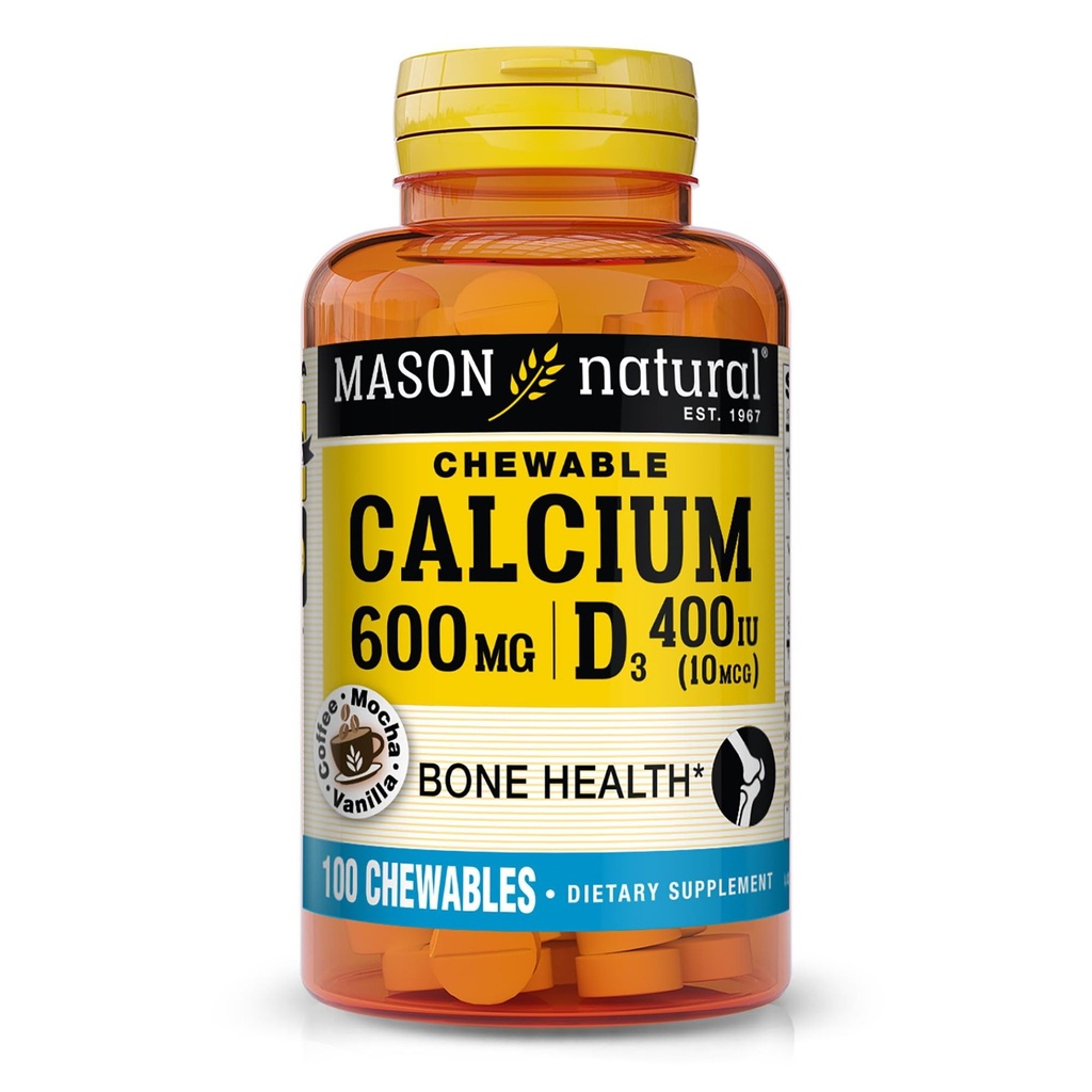 MASON naravni kalcij 600 mg z vitaminom D3, 100 dnevna ponudba, podpira zdrave kosti in normalno delovanje mišic, kava Mocha aroma, 100 žvečljivi