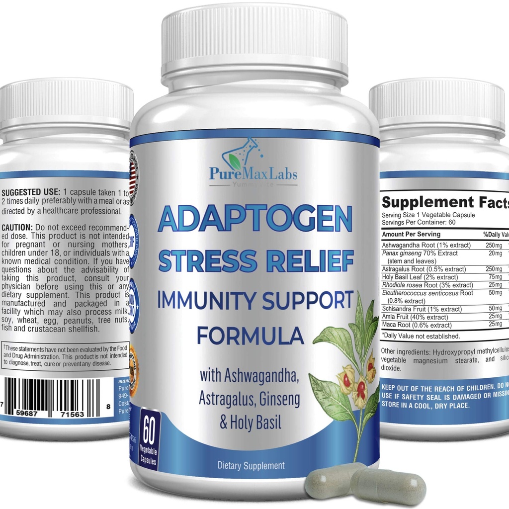 Adaptogen Relief Imune Support Formula - Adaptogeni Adrenal Podpora z Ashwagandha, Astragalus, Ginseng, Sveti Basil, Rhodiola, Amla, Maca, Schisandra, Non-GMO - 60 kapsul