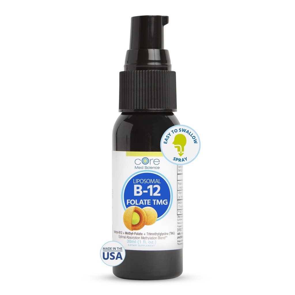 Core Med Science Liposomal B12 Folate TMG Liquid Spray dodatek za ženske in moške - podpira Mood, Kognitive, & Heart Health - Vitamin B9 & Betaine za Homocystein ravni in metilacija cikel, 1 Fl Oz