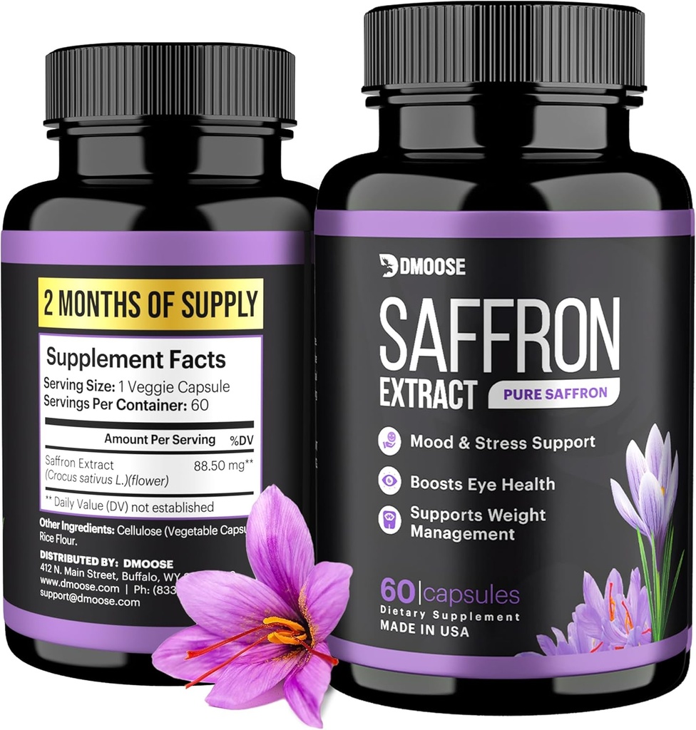 DMoose Saffron Extract (88,5 mg) - Izboljšajte energijo, Podporno zdravje oči - Ne-GMO Saffron dopolnilo za moške in ženske - 60 kapsul (2 meseca služijo) (60 Število)