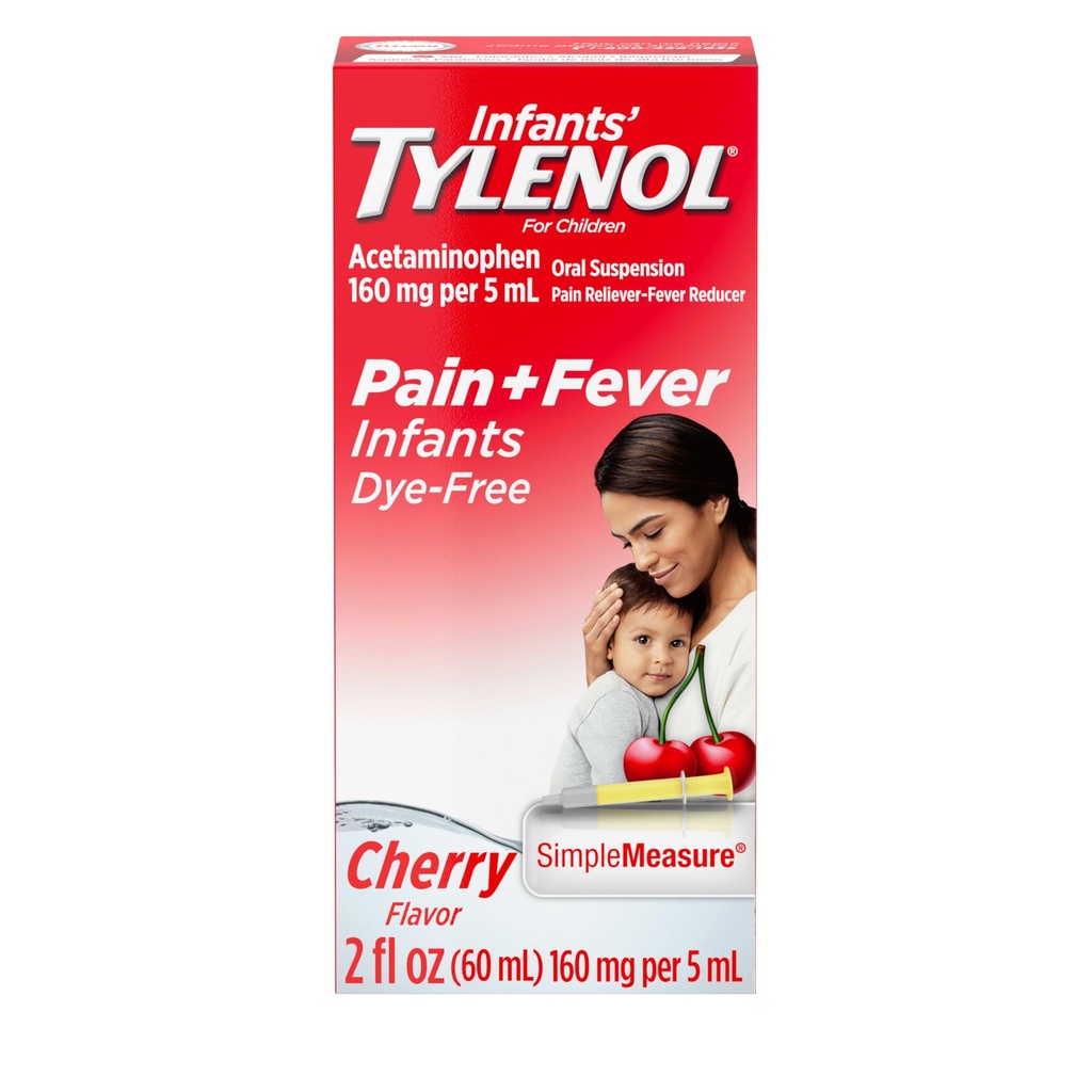 Dojenčki' Tylenol Liquid Pain Relief and Fever Medicine, peroralna suspenzija, Dye-free acetatfen za boleče grlo, Glavobol & Zob, Fever Reducer za otroke; Cherry Flavor, 2 fl. oz.; Pakiranje po 1