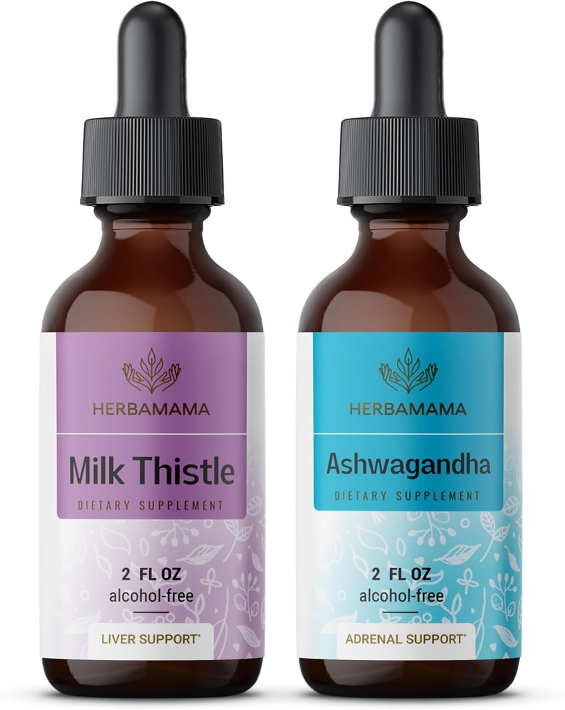 HERBAMAMA Zeliščne tekoče kapljice Kit - paket mleka Thistle ekstrakt & Ashwagandha Root Tinkture 2 fl oz - Vegan, Non-GMO, Sugar & Alkohol-free - 2 paket