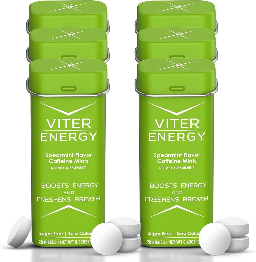 Viter Energija 40mg Kofeinske mete - brez sladkorja, B Vitamini, Vegan, Boosts hitro Energiran Alarm Focus, Kofeiniran nootropne dodatne tablete (Spearmint Flavor, 20pcs, 6 Pack, 120pcs skupaj)