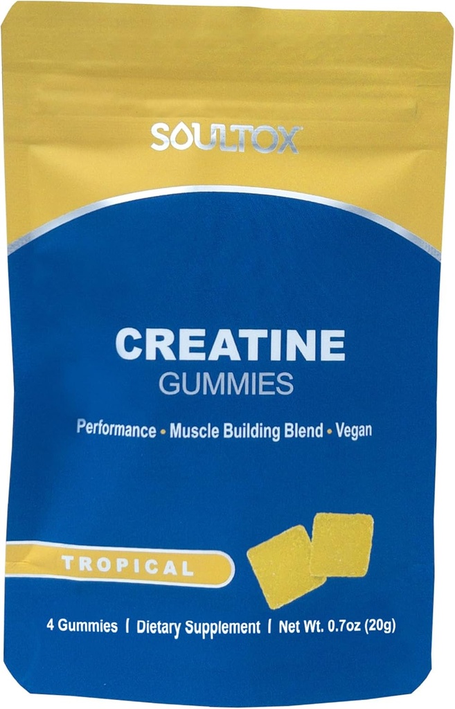 Soultox Kreatin Gummy Packs - Tropska aroma - Infundiran s kreatin monohidratom - Močna podpora za rast mišic - Okusna in vsa naravna veganska formula za brezkrivda - 10 Pack