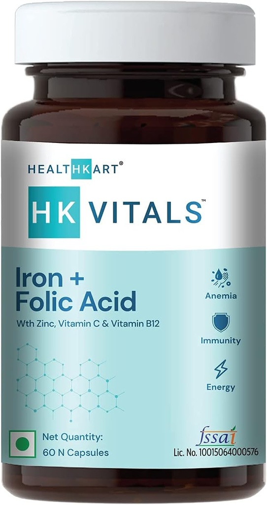 Zdravje k Železna + Folna kislina Dopolnilo, z cinkom, Vitamin C & Vitamin B12, Podpira izgradnjo krvi, imuniteto in energijo, 60 Kapsule železove folne kisline