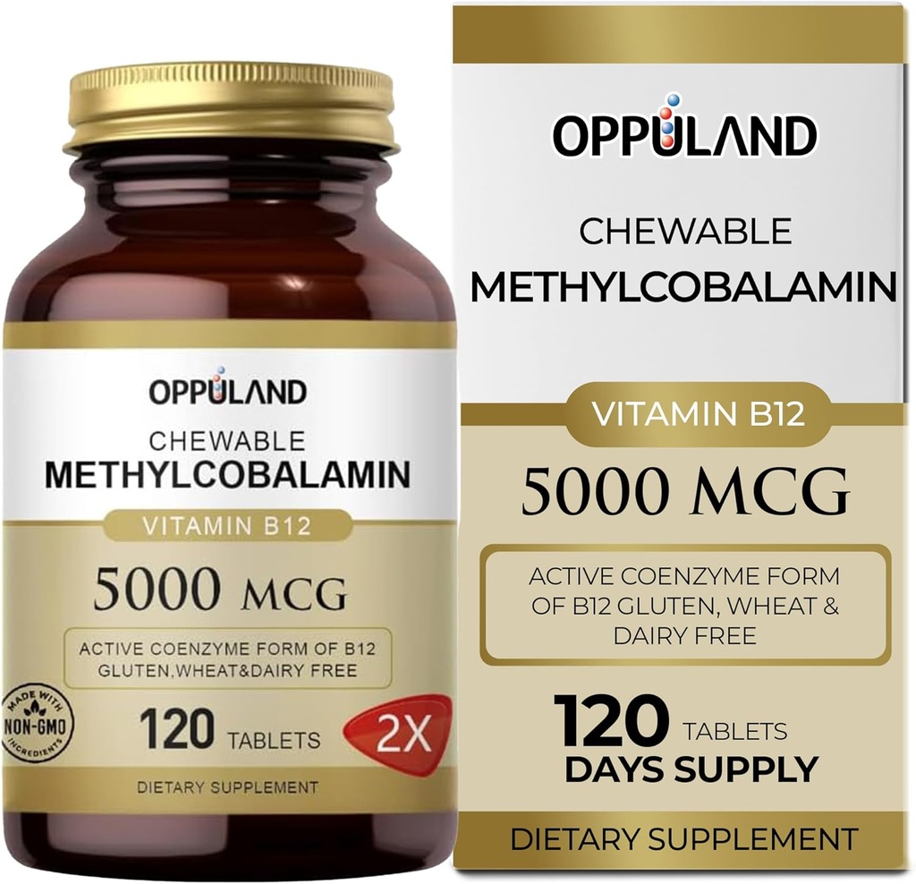 Metil B-12 5000mcg Žvečljiv s Folat - Vitamin B12 Metilkobalamin Podjezične tablete - Podpira funkcije energije in možganov - Veganski dodatek - Orange Flavor - 120 Count