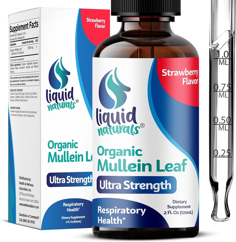 Mullein kapljice za pljuča, 2 Fl. Oz, Mullein Leaf Extract za pljuča Jagodna aroma, Mullien Lung Detox in čiščenje, Mullen Tinkture Podpora za zdravo dihanje