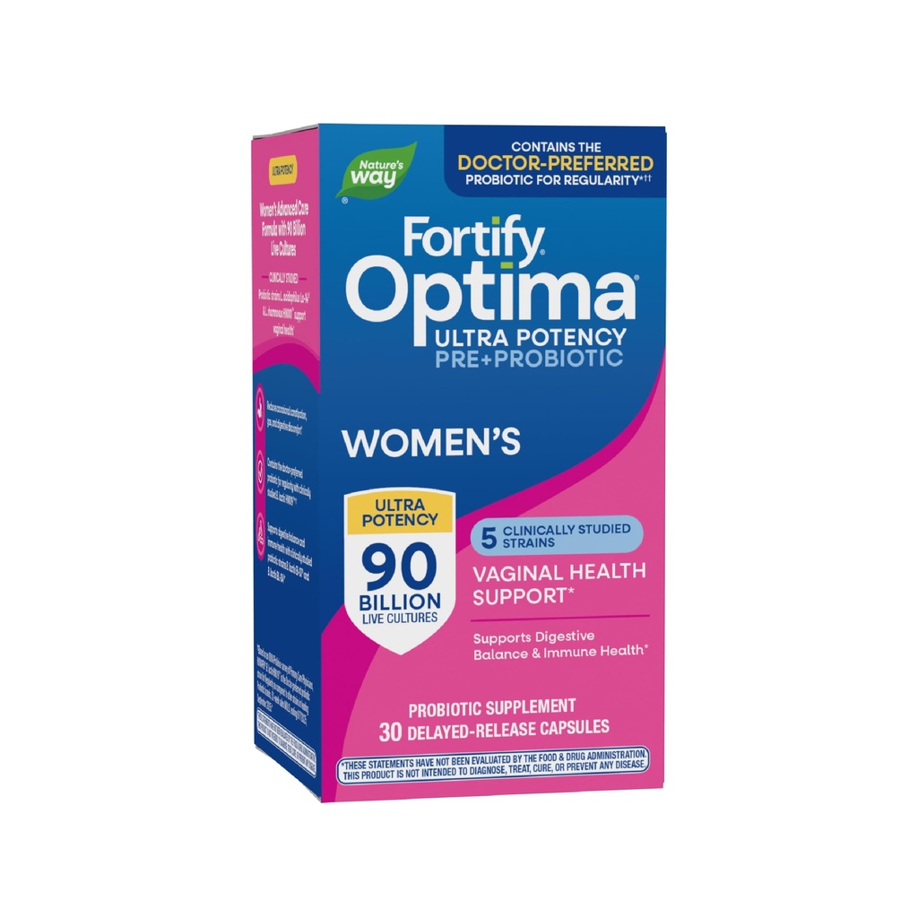 Narava pot Fortify Optima Probiotik za ženske, Ultra Potencial Probiotik za vaginalno zdravje*, 90 milijard živih kultur, podpira prebavnega ravnovesja in imunskega zdravja*, 30 kapsul (Packaging May Vary)