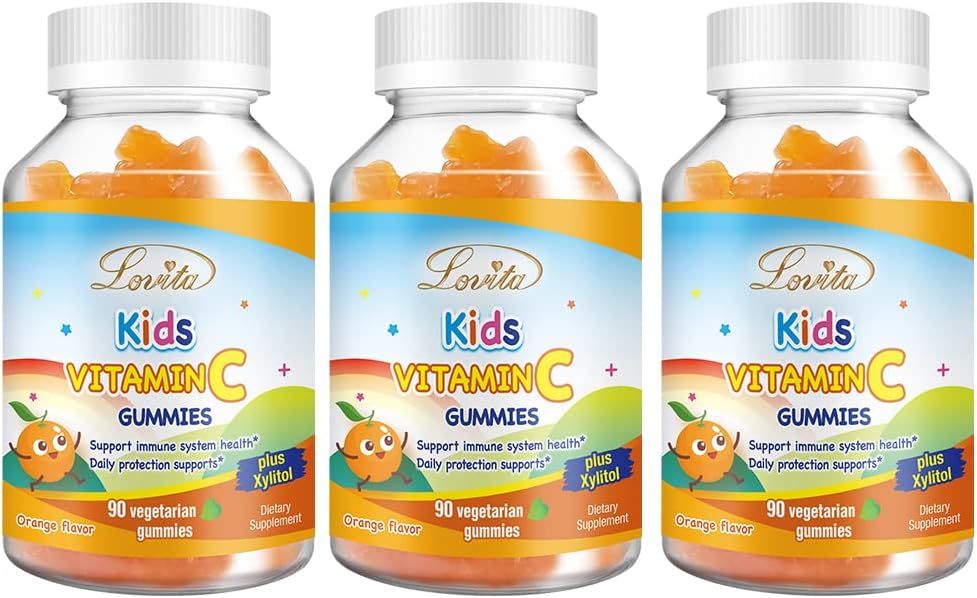 Lovita Vegan Vitamin C Gumiji za otroke, Great Degustacije rastlin na osnovi formule, Imunska funkcija Podpora z vitaminom C 150mg na dnevno Servinges & Xylitol, Natural Orange Flamored, 90 Gummies (Pack of 3)