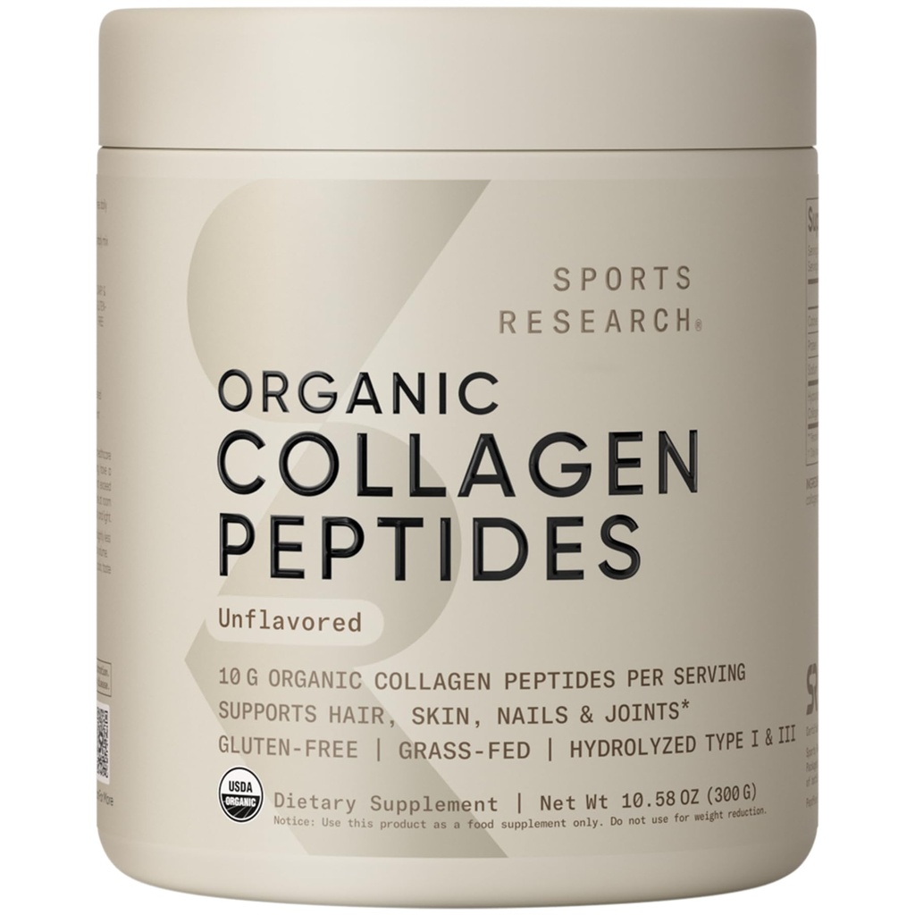 Sports Research® Organic Collagen Peptides - hidrolizirani beljakovinski prah tipa I in III kolagena, ki je trajno pridobljen iz krav, ki se hranijo s travo - USDA Organic· Non-GMO · Gluten Free - nearomatizirana, 30 serviranja