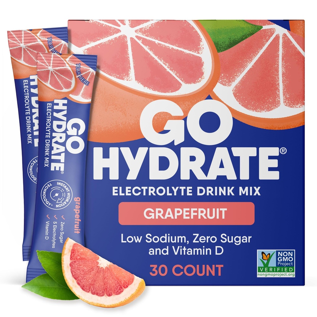 GoHydrate Low Sodium Electrolytes Powder Packets Sugar Free - Instant Hydration Daily Drink Mix - Zero Sugar Water Flavor Packet Singles with Vitamin D - (Grapefruit, 30 Packs)