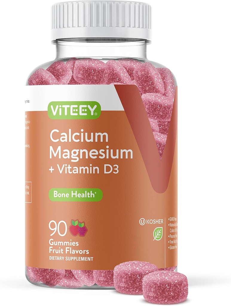 Viteey Calcium Gumies z vitaminom D3 in magnezijem dodatek za zdravje kosti - Žvečljivi kalcij dodatki za ženske in moške - Gluten-free, Non-GMO - 90 Count