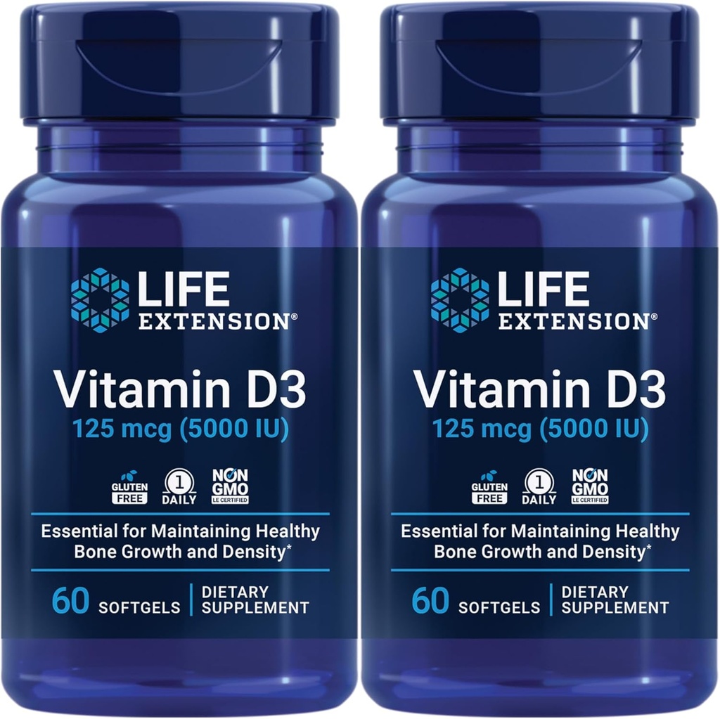 Life Extension Vitamin D3 125 Mcg (5000 Iu) – Spodbuja zdravje kosti, zdravje možganov in imunske funkcije – Non-GMO – Gluten-free – Dvojno pakiranje – 2 x 60 Softgels