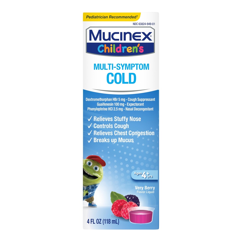 Mucinex Otroški multi-simptom Col Relief Liquid-laives zamašen nos, Chest Congestion, Cough & Mucus, Expectorant & Cough Supressant z dekstrometorfan, Guaifenesin, Fenileprin, 4 oz.
