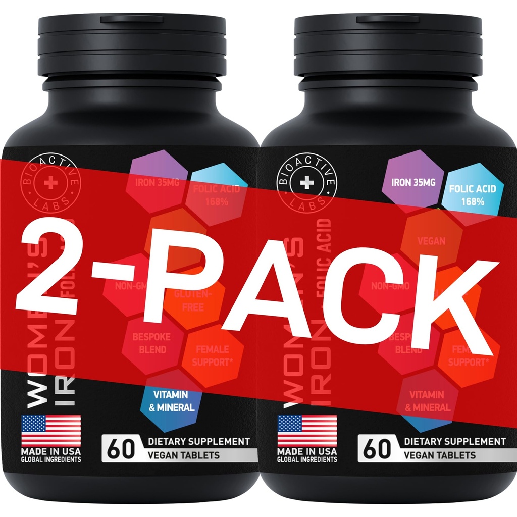 Veganska železova dopolnila za ženske s folno kislino - 168% Folat Folna kislina, 194% Železo Sulfate Blood Builder z anemijo in nosečnice - 2-Pack, 120 Gluten-free Negt železa tablete