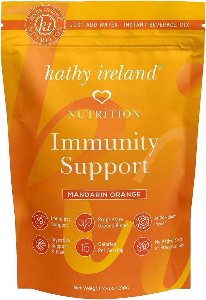 kathy ireland Imune Support Powder, Wellness Booster, Immunity Defense dodatek z vitaminom C, D, cink & Elderberry, Instant Drink Mix, Mandarine Orange, 7.4 oz