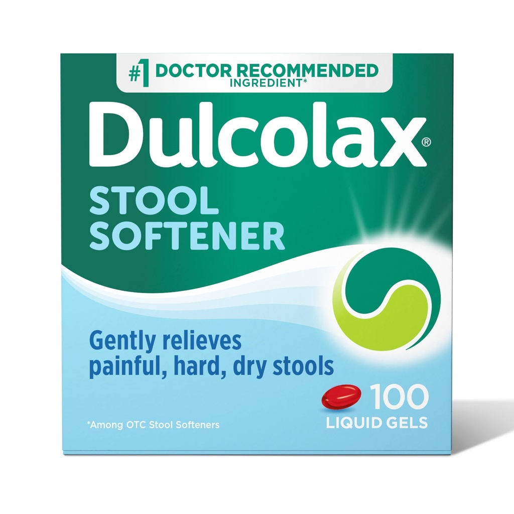 Dulolax Stool Mehčalo Laksativen Tekoči gel Kapsule, Nežna zaprtost Relief za trde, suhe Stools, Docusate Natrij 100 mg, 100 Število