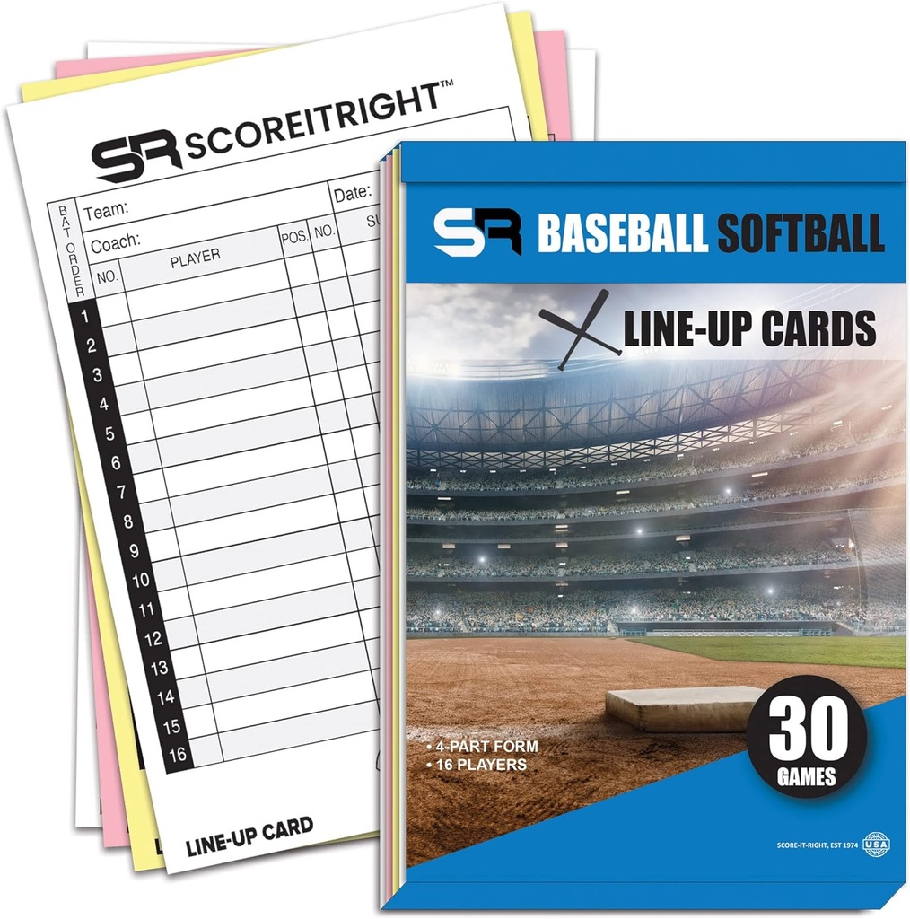 Baseball/Softball lineup kartice – 16 Player Book Format Lineup kartice za 30 Games – Flipbook Carbon Kopiranje 4 Part Form – Čas varčevanje in praktično Baseball coaching pribor